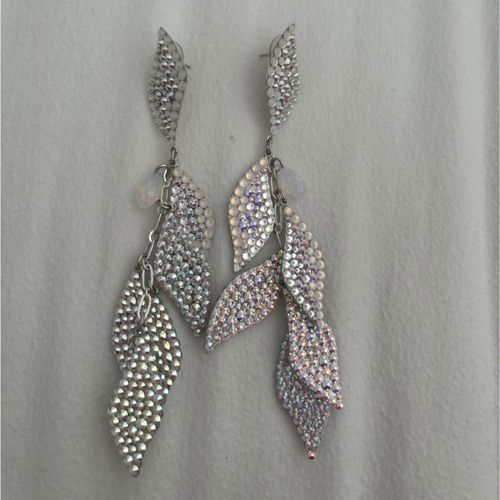 Silver Leaf Dangle Earrings- stefani sommers ab chrystal pageant earrings